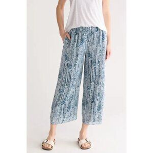 Theory Wide Leg Crop Pant Women's Medium 100% Silk Teal Multi Cascade Lined New